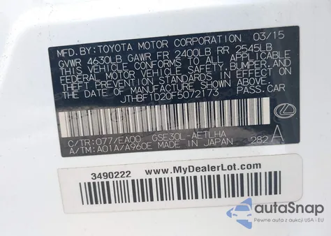 2015 Lexus Is 250 из США, поврежденный, VIN JTHBF1D20F5072173